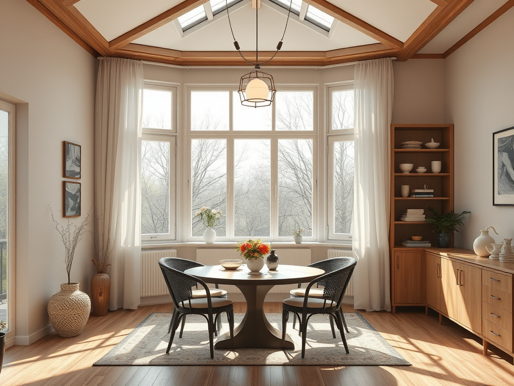 Светлая комната с обеденным столом, стульями и большими окнами, из которых видно природу за окном.