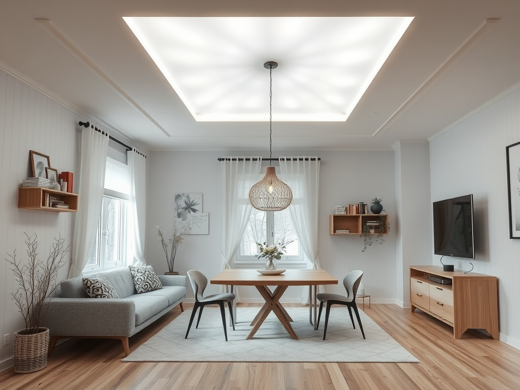 Современный интерьер комнаты с обеденным столом, светильником и диваном, наполненный естественным светом.