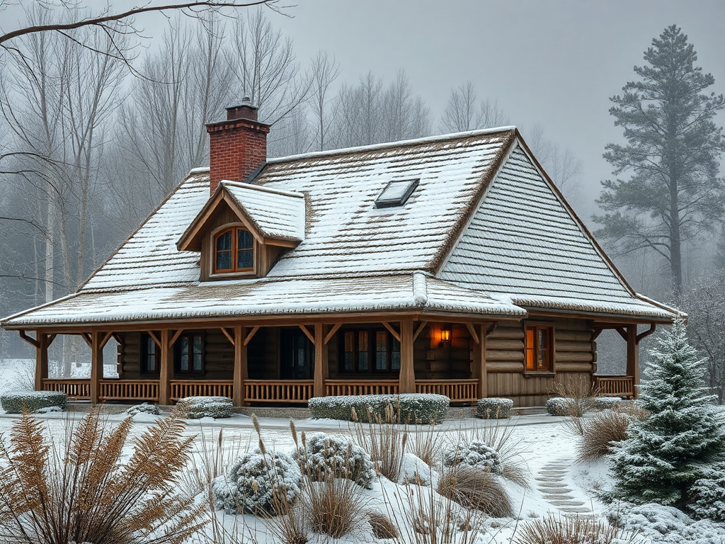 Зимний деревянный дом с крышей, покрытой снегом, окружённый деревьями и растениями в снежном пейзаже.