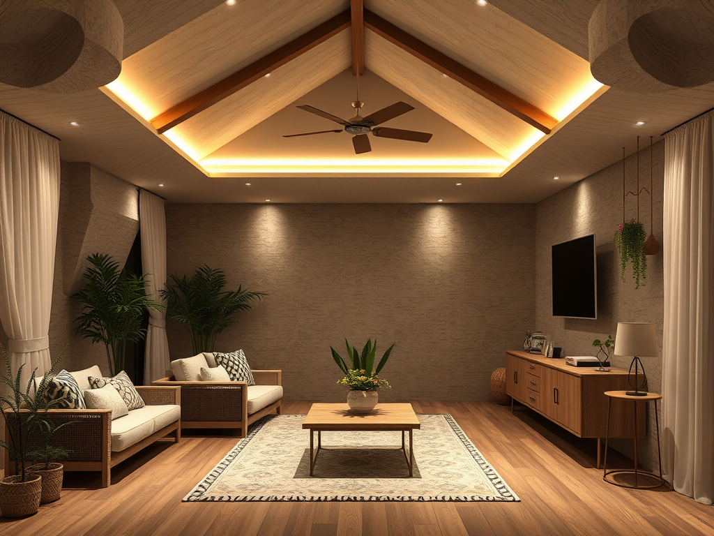 Современная гостиная с мягким освещением, зелеными растениями и уютной мебелью из дерева и ткани.