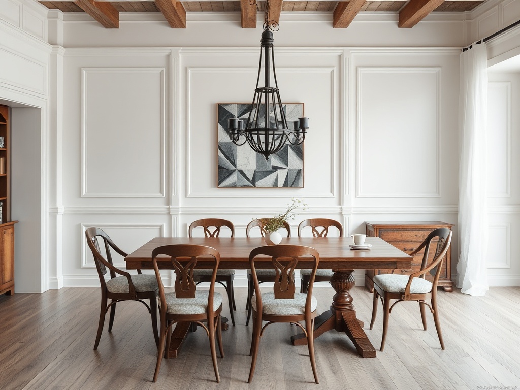 Современный столовая с деревянным столом, стульями и элегантной люстрой на фоне белых стен.