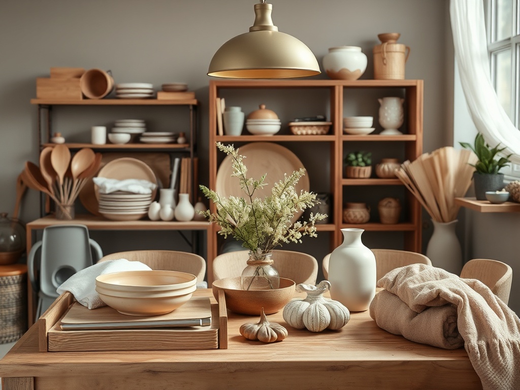 Стильный интерьер с деревянным столом, посудой, вазой с цветами и кухонными принадлежностями на полках.