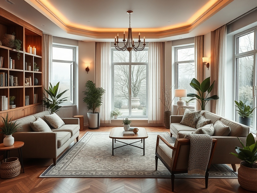 Современный интерьер уютной гостиной с книжной полкой, зелеными растениями и большими окнами.