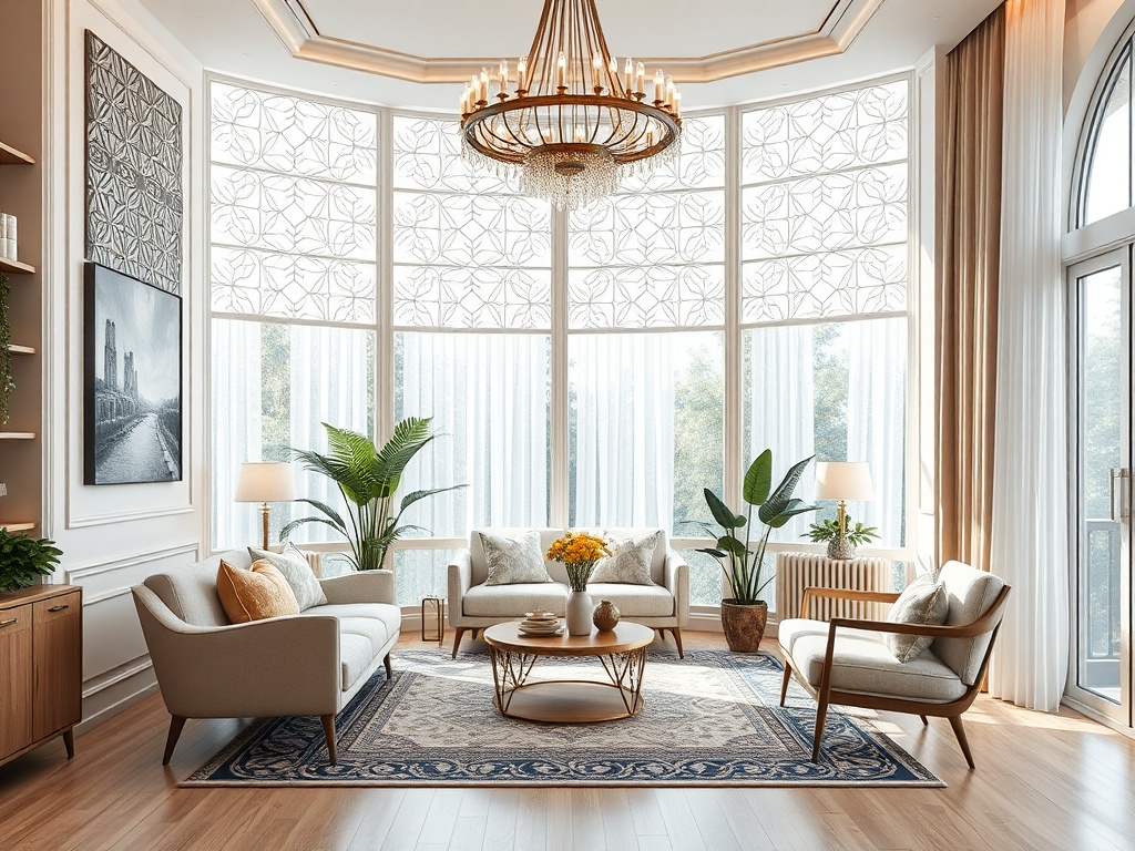 Современный светлый интерьер гостиной с большими окнами и уютной мебелью, зелеными растениями и шикарной люстрой.