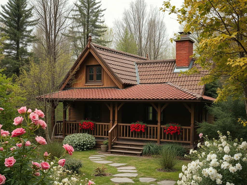 Деревянный дом с красной крышей, окружённый зелёным садом и цветами. Спокойная атмосфера деревенской жизни.
