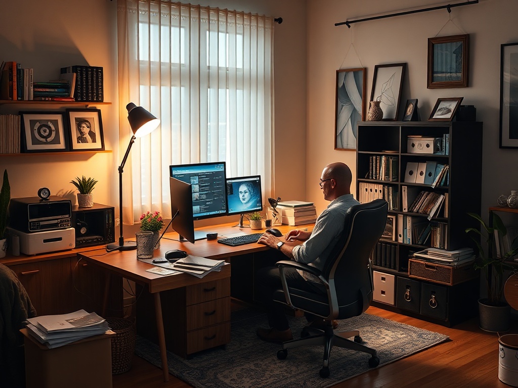 Человек работает за компьютером в уютном кабинете с большой библиотекой и мягким светом.