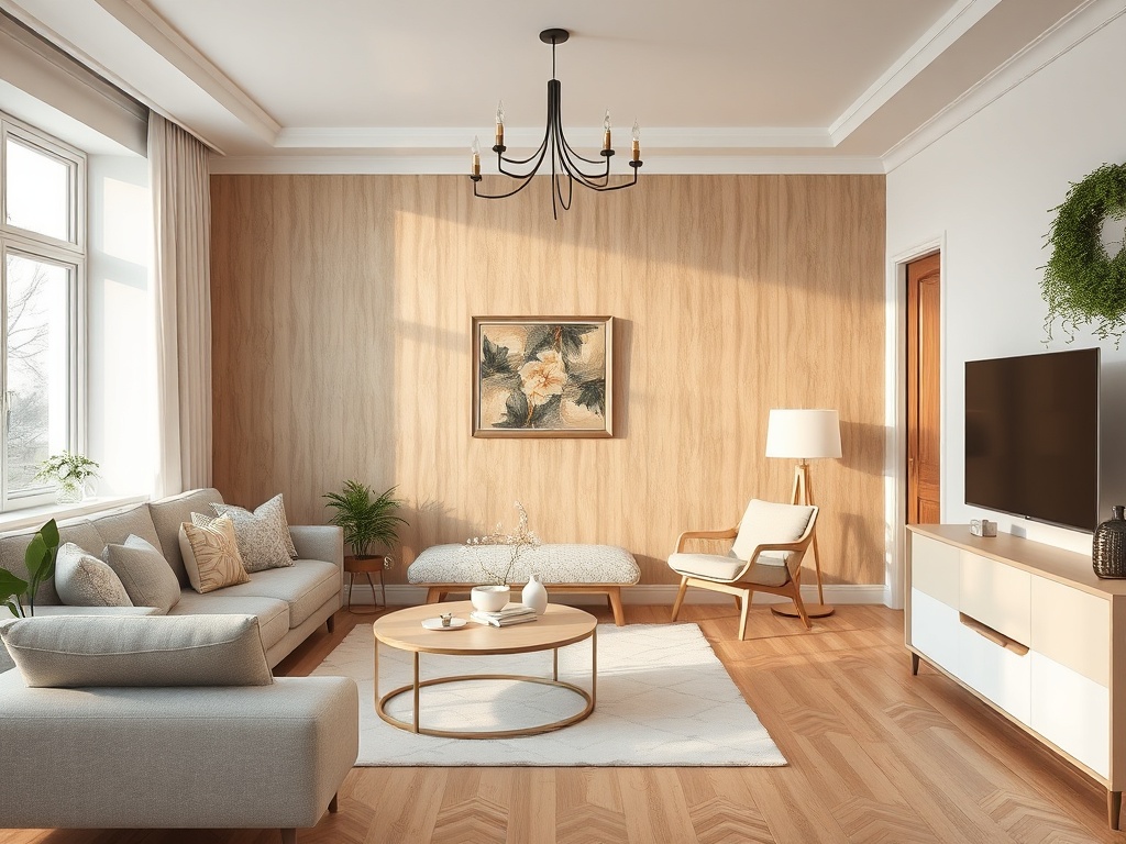 Светлая гостиная с деревянными стенами, уютной мебелью и картинами на стенах. Простор и уют в интерьере.