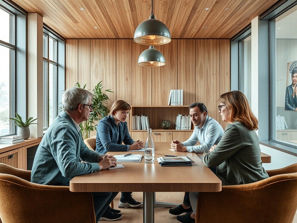 Четыре человека ведут обсуждение в современном офисе с деревянными стенами и большим столом.