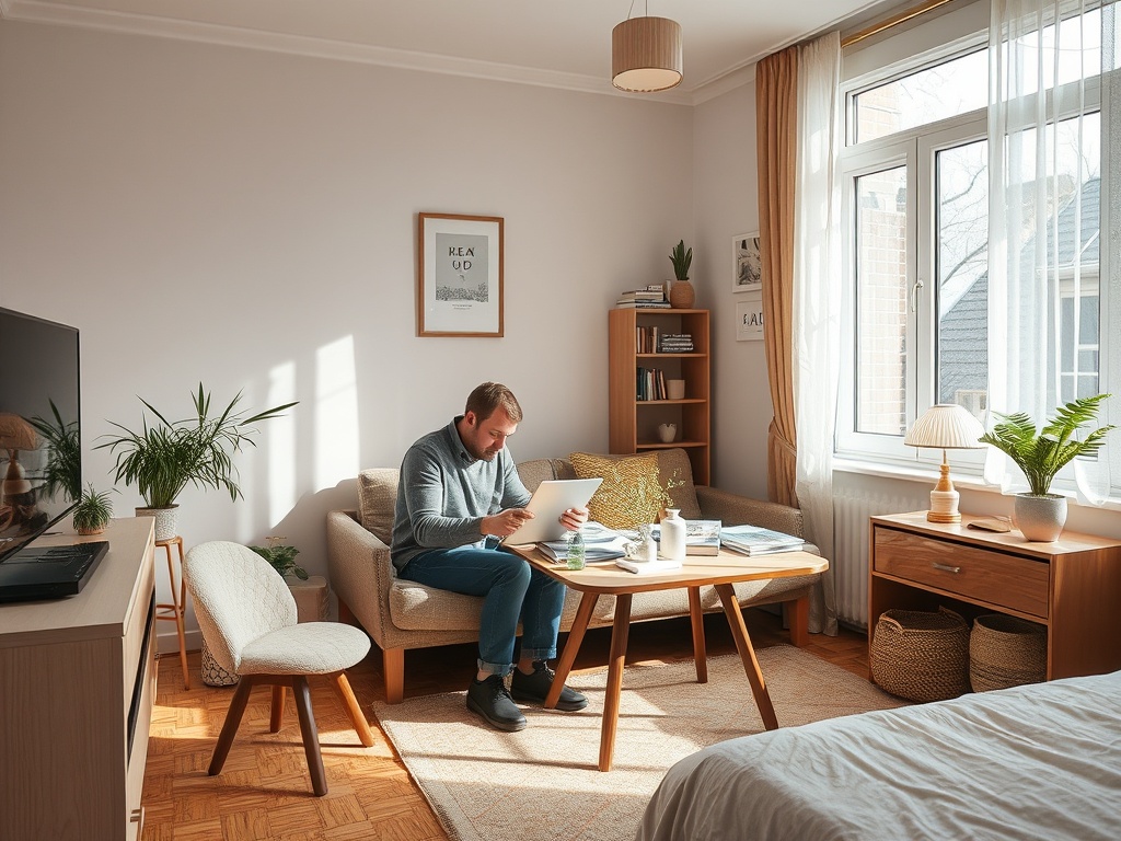 На фото мужчина сидит в уютной комнате, читая документы за столом на фоне светлых стен и зелёных растений.