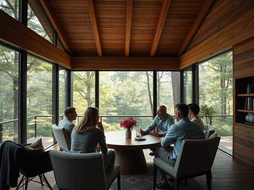 Группа людей обсуждает что-то за круглым столом в светлом деревянном кабинете с большими окнами.
