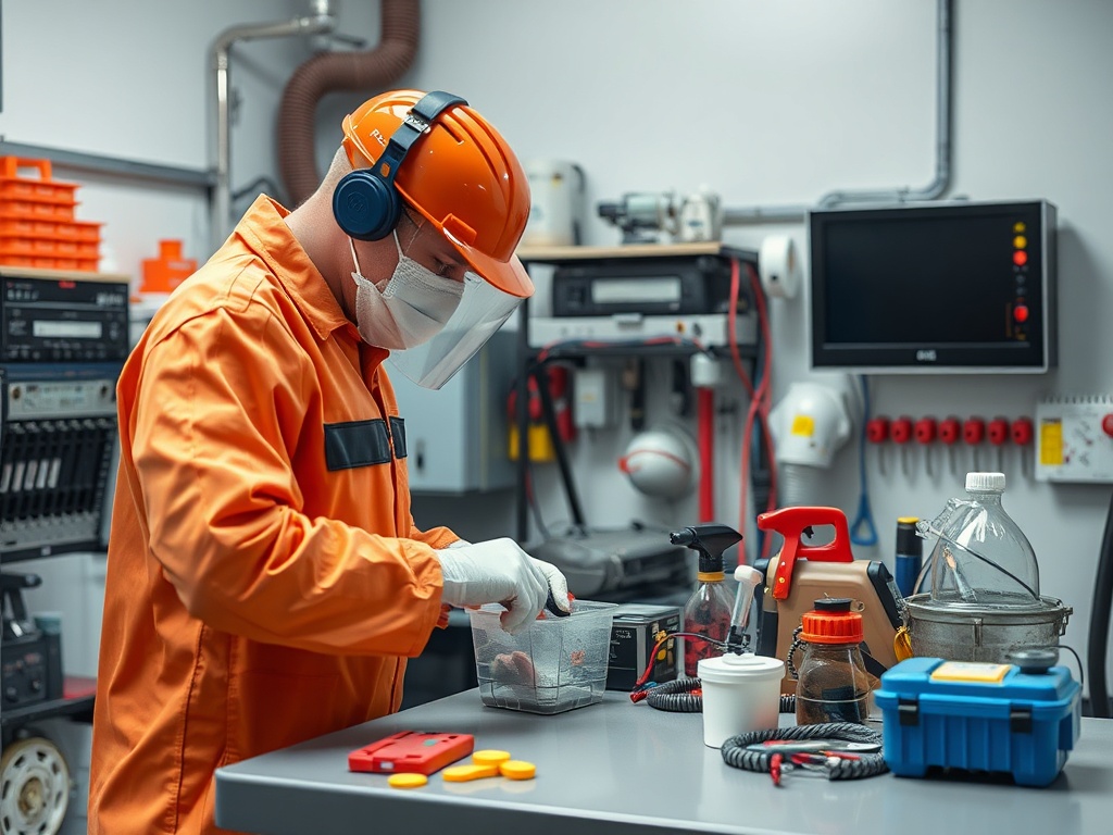 Работник в оранжевом комбинезоне и шлеме обучается в лаборатории, использует инструменты и защитное оборудование.