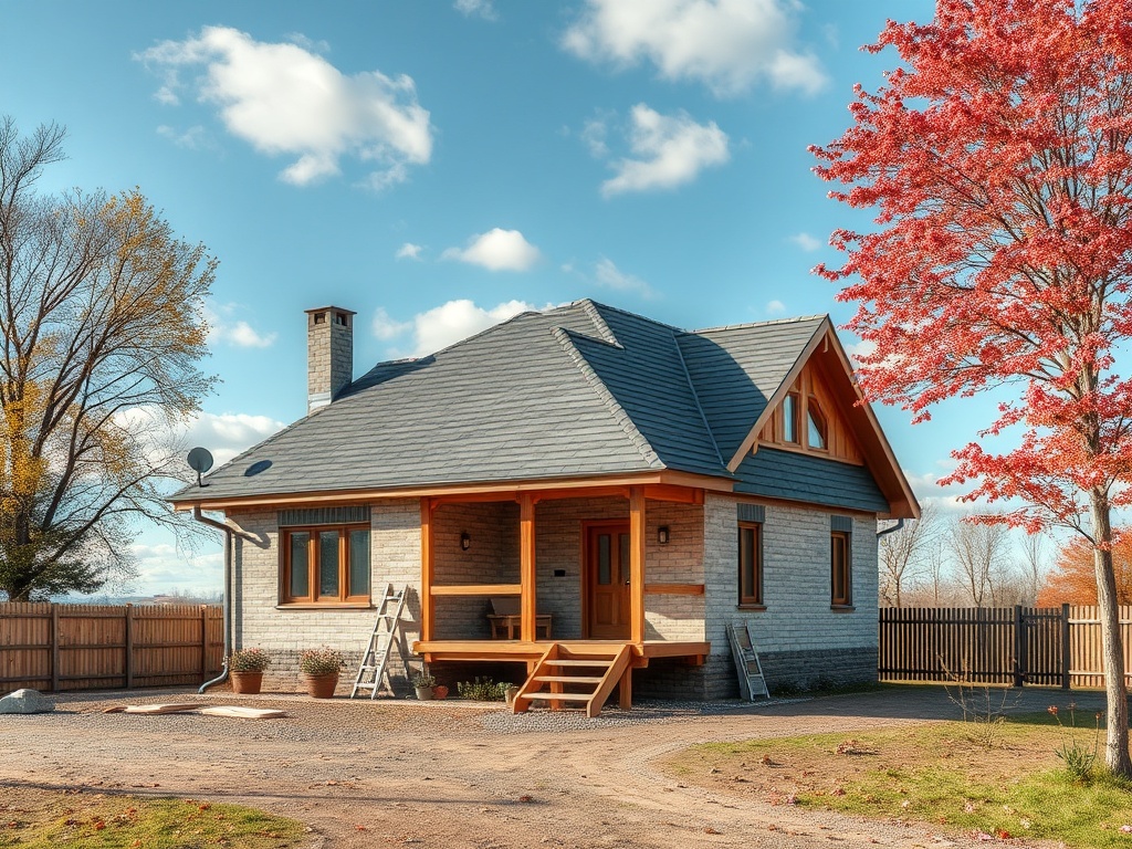 На изображении дом с деревянным крыльцом и красным деревом на фоне синего неба с облаками.