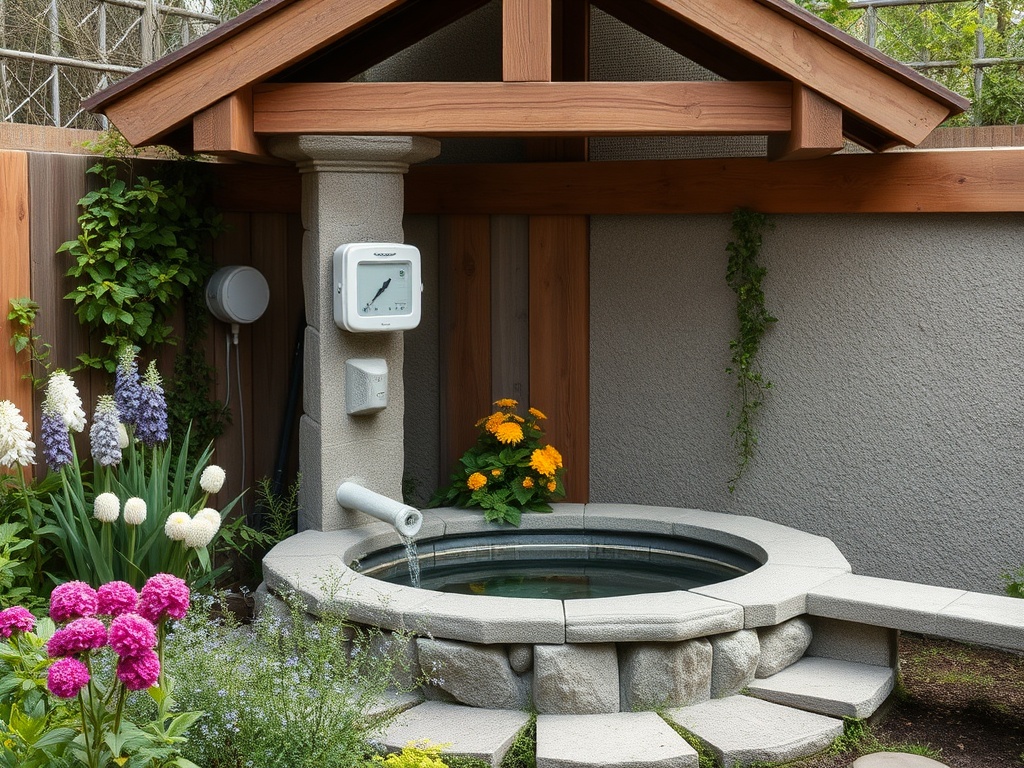 Уютный сад с круглым фонтаном, цветами и деревянной крышей, создающий атмосферу спокойствия.