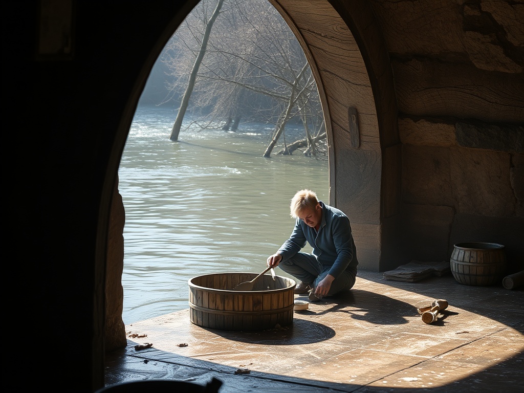 Мужчина сидит на полу, работая с деревянной бочкой у реки, освещённый мягким солнечным светом.