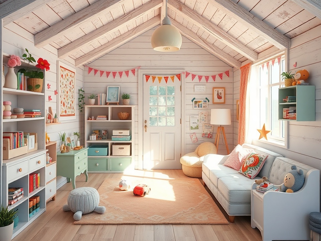Светлая уютная комната с диваном, полками, игрушками и цветами, оформленная в детском стиле.