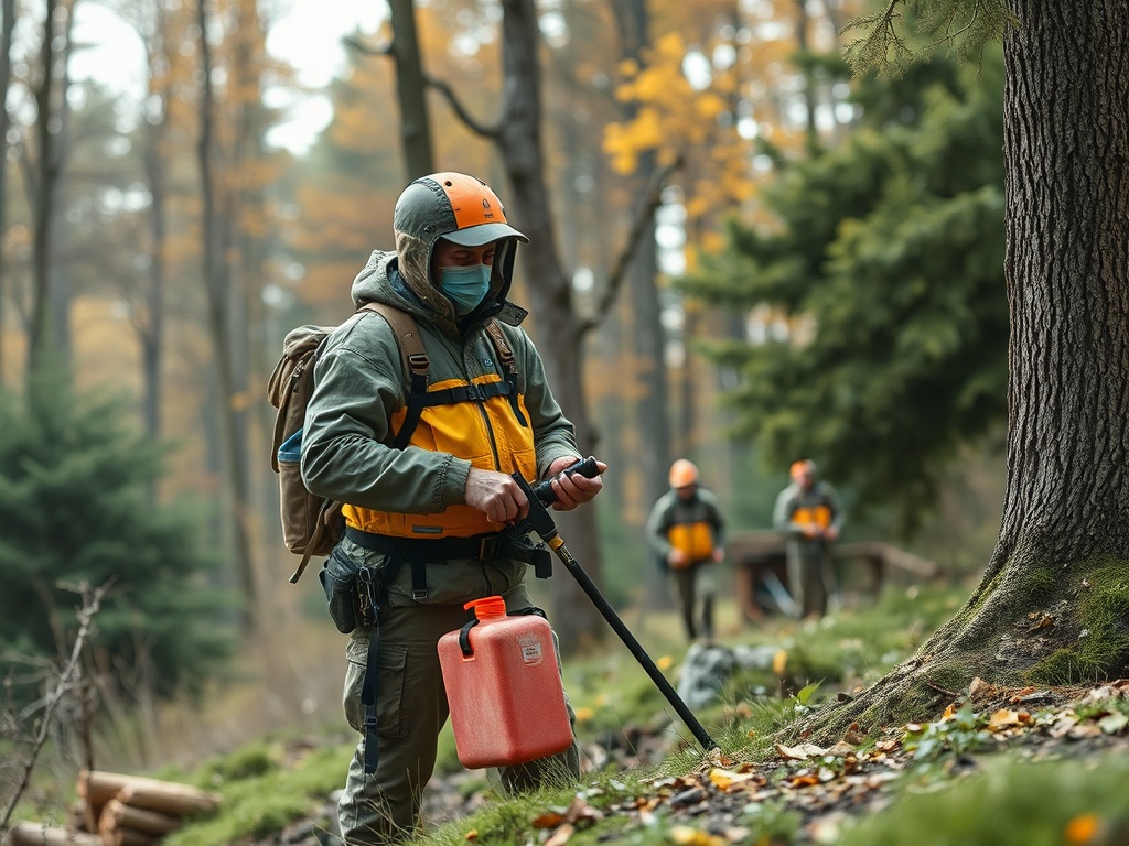 Работник в лесу с канистрой и инструментом. На заднем плане другие лесозаготовители. Осень, яркие листья.