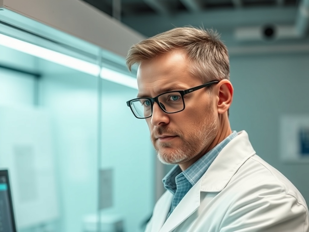 Мужчина в белом халате и очках смотрит прямо, с серьезным выражением лица в лабораторной обстановке.