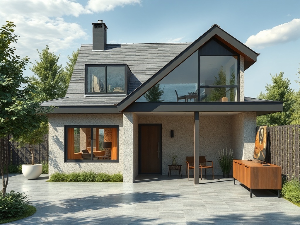 Современный дом с большими окнами и террасой, окружённый зеленью и плиточным двором.