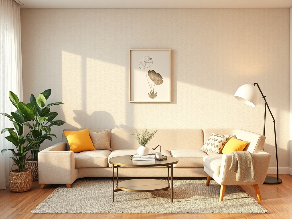 Современная гостиная с уютным диваном, растением и стильной лампой, наполненная светом и теплом.