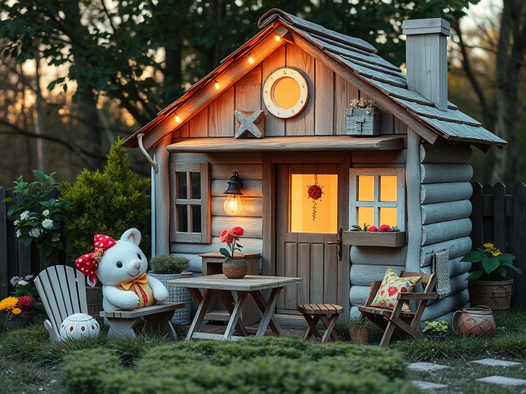 Уютный деревянный домик с фонариком, рядом со столиком сидит плюшевый медведь. Цветы вокруг и вечерний свет.