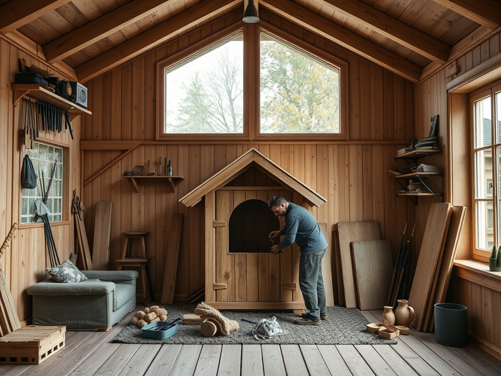 Мужчина работает над деревянным домиком в уютной комнате с окнами и деревянными стенами.
