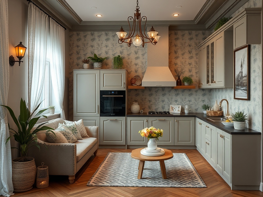 Современная кухня с уютным диваном, яркими растениями и светлой отделкой, создающей атмосферу тепла.