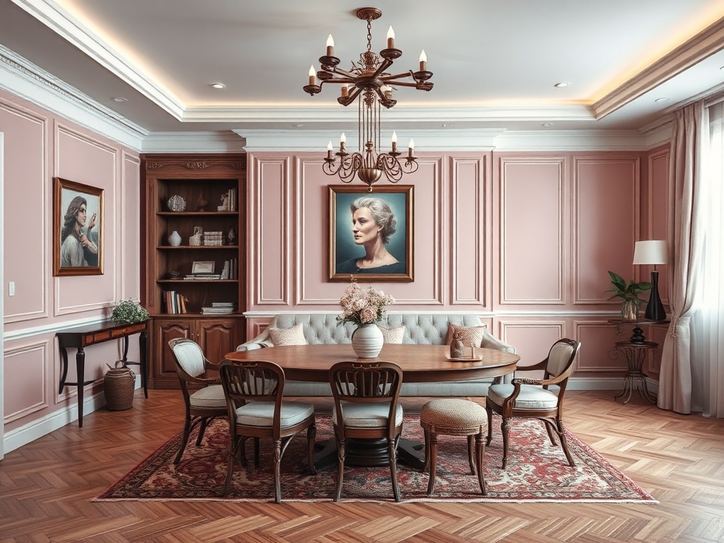 Современный интерьер столовой с розовыми стенами, деревянной мебелью и картинами на стенах.