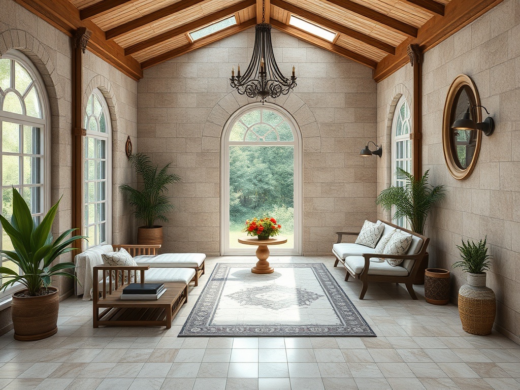 Светлая комната с высокими окнами, зелеными растениями и уютной мебелью, создающая атмосферу спокойствия.