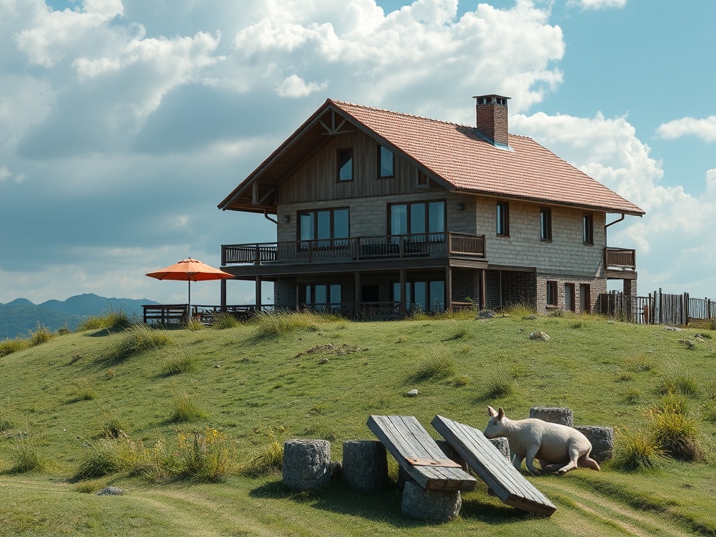 Деревянный дом с красной крышей, оранжевый зонт, зеленый луг и лежащая свинья на фоне облачного неба.