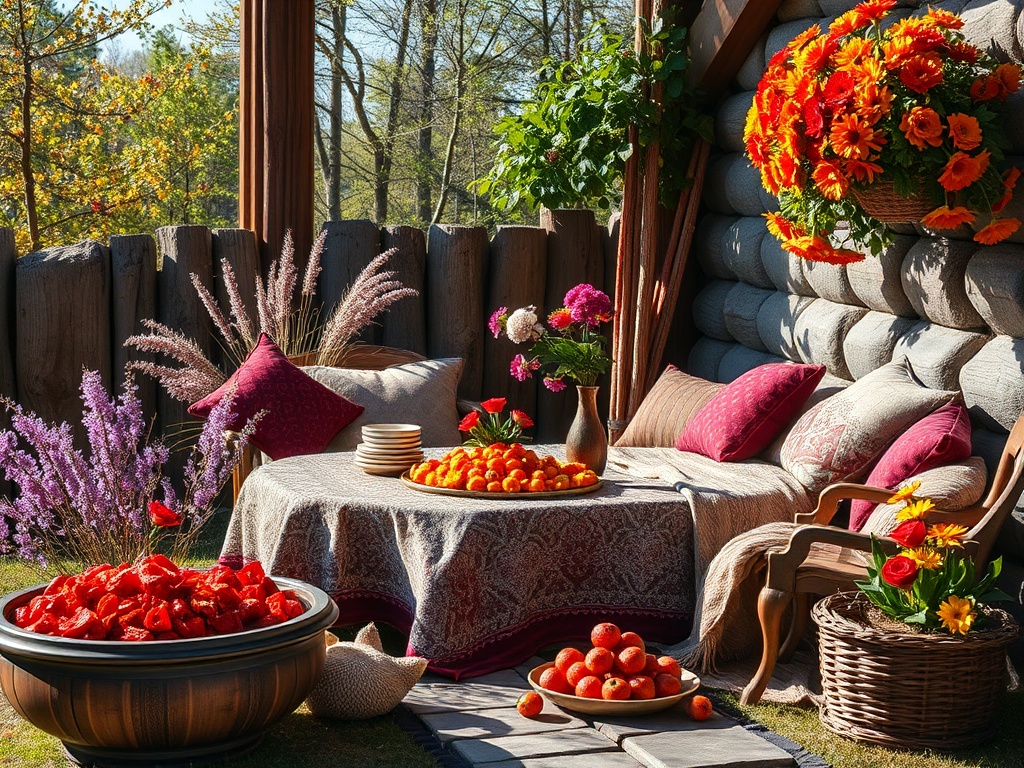 Уютный уголок на природе с фруктами, цветами и мягкими креслами, окруженный зеленью и цветами.