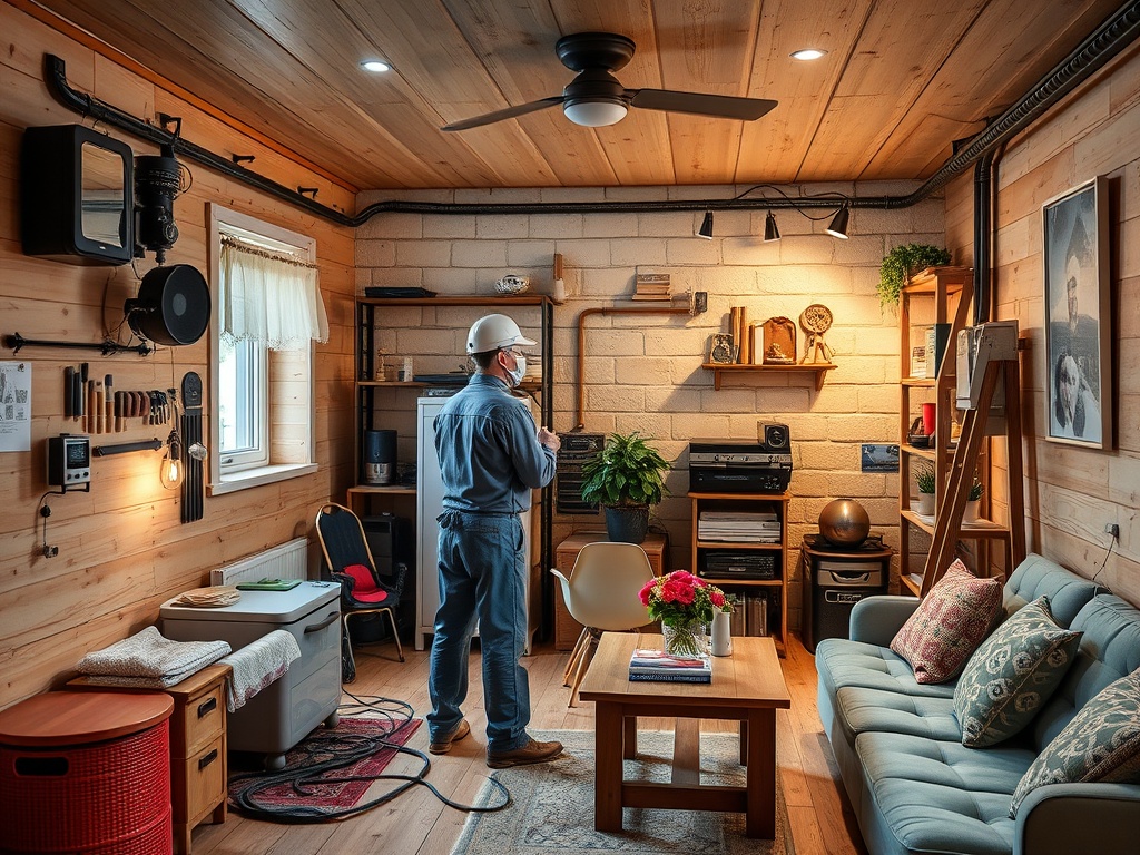 Мужчина в каске и маске стоит в уютной комнате с деревяными стенами и предметами интерьера.